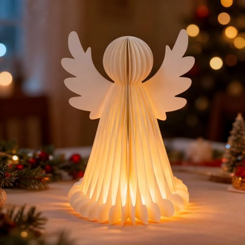 LED Weihnachtsdeko Papier Engel Deko, Osterdeko Engel Papier Waben beleuchtet mit 2m20 Led Licht, Tischdeko Weihnachten Papierengel Faltbar Weihnachtsengel Für Weihnachten Ostern Deko (Weiß,28cm)