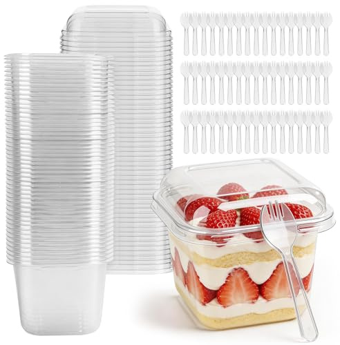 ZEFAN 50 Stück Dessertgläser Plastik mit 50 Stück Löffeln, 300ml Dessertgläser mit Deckel, Quadratisch Plastikbecher mit Deckel, Wiederverwendbar Dessertbecher Plastik für Pudding, Tiramisu, Mousse