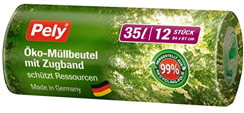 Pely Öko-Müllbeutel mit Zugband 35 Liter Vorteilspack 11 x 12 Stück, aus 99% Recycling Material, für die Entsorgung von Hausmüll, Restmüll