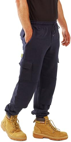 SITE KING Mens Cargo Combat Work Tracksuit Jogging Bottoms with Knee Pad Pockets Size S to 5XL Fleece Pants (3XL - 50/52 Waist, Navy)