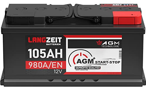 LANGZEIT Batterie voiture 105Ah 12V AGM 980A/EN – Automobile Batterie Start-Stop VRLA haute performance