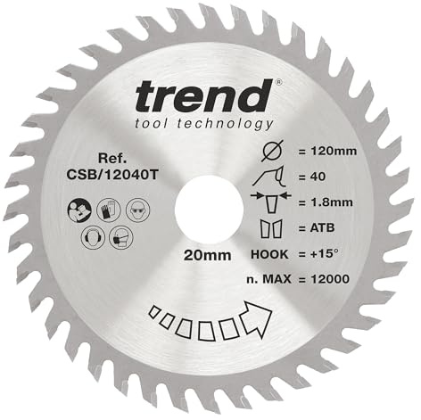 Trend Wood Cordless Circular Saw Blade, 120mm Diameter, 20mm Bore, 40 Teeth, 1.8mm Kerf, +15° Hook, TCT, Fine Finish, CSB/12040T | Fine Tooth TCT Blade For Clean Cross-Cuts In Wood With 15° Hook And 1.8mm Kerf For Smooth Finishes, CSB/12040T