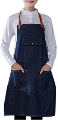 A.Monamour Delantal de Cocina Delantal Ajustable con Tirantes De Cuero De Mezclilla Azul con Bolsillos para Cocina Cocina Cafetería Salón De Pintura Artesanal Delantal De Trabajo Unisex