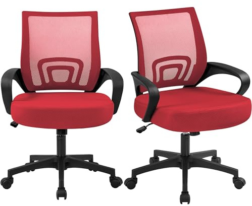 Yaheetech 2pcs Ergonomic Mesh Office Chairs, Computer Chair with Lumbar Support & 360° Rolling Casters 276lb Weight Capacity, Mid-Back Height Adjustable Task Chairs Red
