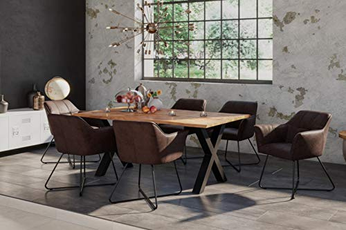 SAM 7tlg. Essgruppe Dora 160 x 85 cm, Mangoholz massiv & naturfarben, Baumkantentisch mit X-Metallgestell in Mattschwarz + 6X Stuhl Kirin in Wildleder-Optik