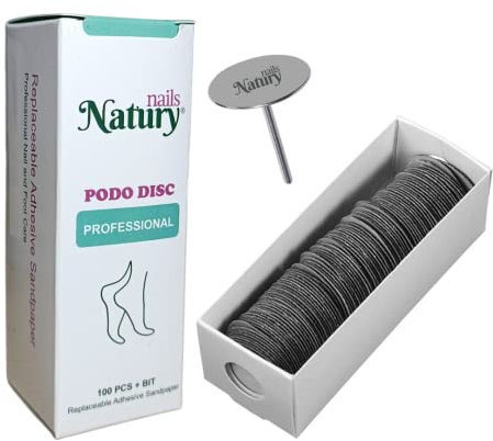 Natury Nails Podo Disc Ersatz-Schleifscheiben, 100 Stück, mit einer Stärke von 25 mm und Basisaufsatz für Nagelfräser Aufsatz für Pediküre, Hornhaut- und Schwielenentfernung (grobe Körnung).