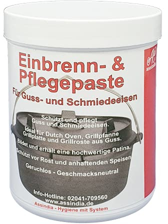 Assindia Einbrenn- und Pflegepaste für Dutch Oven, Guss- und Schmiedeeisen 250ml I Einbrennpaste auch für Grillrost, Grillplatte, Grillpfanne