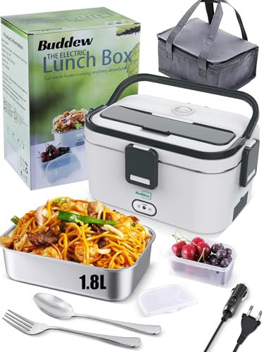 Buddew Scaldavivande Elettrico Portatile 80W 3 in 1 Lunch Box Portatile 1,8L Scaldavivande con Acciaio Inox Forchetta Riscalda Il Cibo in Pochi Minuti, Porta Pranzo per Auto Camion e Ufficio (Grigia)