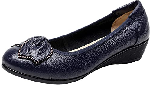Jamron Mujer Piel Genuina Zapatos Cómodos Suela Blanda Flor Bailarinas Talón de Cuña Baja Pumps Pantuflas Azul SN070358 EU41