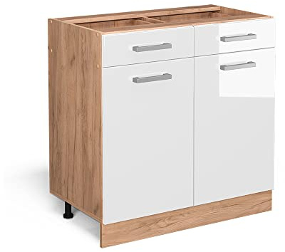 Vicco Küchenunterschrank R-Line, Weiß Hochglanz, 80 cm | 2 Schubladen · Ohne Arbeitsplatte · Höhenverstellbare Füße · 2 Türen · ✓ Leichter Zugriff