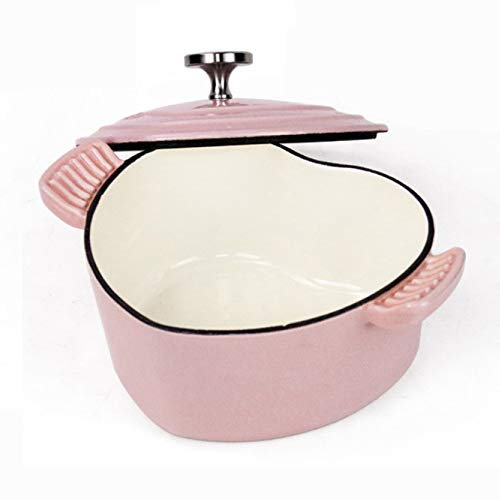 SHALOLY Heart-Shaped Casserole Dish 1.9L Multi-Functional Enameled Cast Iron Pan with Lid,Non-Stick Cooking Pan Pot Cooker for Steam Braise Bake Broil Saute Simmer Roast,Pink (Pink)
