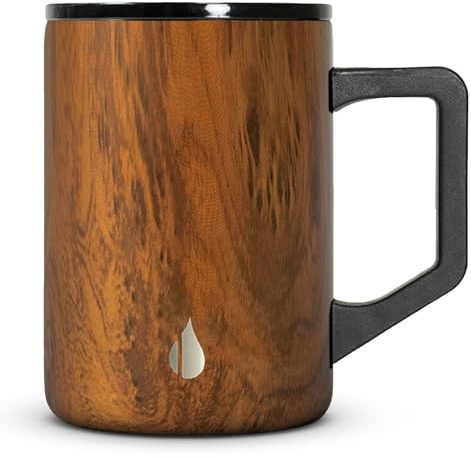 Elemental Insulated Coffee Mug - Triple-Wall Stainless Steel Summit Travel Cup for Hot and Cold Drinks - Thermal Coffee Mug with Lid and Handle for Camping, Office & Travel 16oz - Teakwood