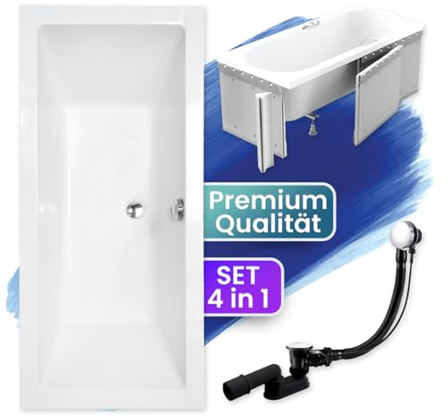 BADLAND Badewanne Original Weiß Acryl Wanne Rechteck QUADRO 190x90 KOMPLETTSET SET mit Premium Styroporverkleidung + Füßen und Exklusive Chrom Automatik Ablaufgarnitur Made in EU 4in1
