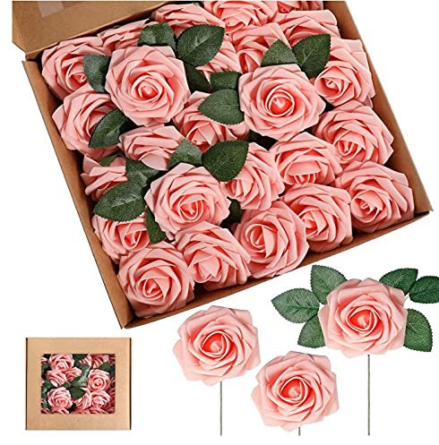Xiaoki 25 Stück künstliche Blumen, echte Schaumrosen, künstliche Rosen mit Stiel für Hochzeit, Brautsträuße, Valentinstag, Babyparty, Party, Heimbüro, Hoteldekoration (Königsblau)