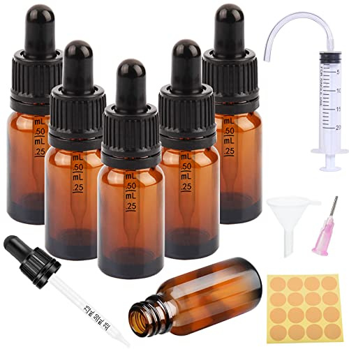 Pipettenflasche 10ml 6 Stück Tropfflasche Flasche mit Pipette Kleine Braunglas Sprühflasche Dropper Bottle Tropfpipette Glasfläschchen mit 5 Hilfsmitteln für ätherische Öle Duftstoffe Apothekerflasche