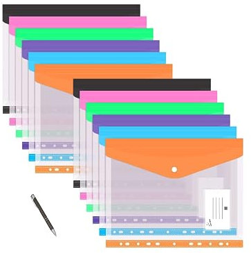 Dokumententasche, Dokumentenmappe A4, Sammelmappe, Erweiterbare Taschen mit Druckknopf, zum Abheften im Ringbuch, 12er Pack, inkl. Kugelschreiber, 6 Farben