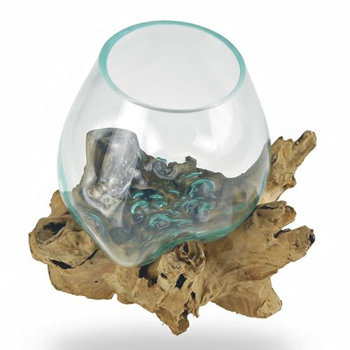 ART-CRAFT Deko Glasvase auf natürlicher Gamal-Wurzel – Handgefertigtes Unikat | Mundgeblasenes Glas & Treibholz | Pflanzgefäß, Tischdeko, Naturkunst (ca. 15cm Höhe, individuelle Maserung)