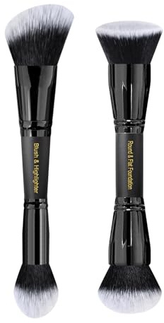 LORYP Black Makeup Brushes 2Pcs Duo End Foundation Powder Brush Set, Blush & Highlighter Brush and Round & Flat Foundation Brush