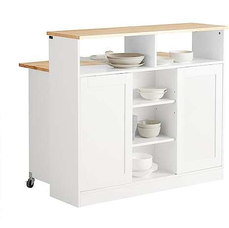 SoBuy FSB36-WN Sideboard mit Schiebetüren Kücheninsel mit erweiterbarer Arbeitsfläche Küchenschrank Highborad Kommode Schrank Weiß BHT ca. 110x97x66cm