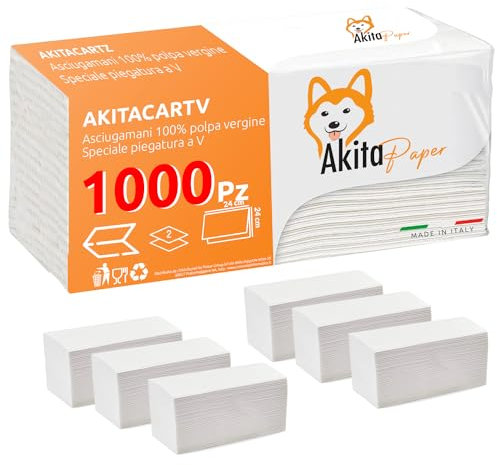 AkitaINK - Confezione da 1000 Asciugamani Monouso Piegati a C o a V per Dispenser - 5 Pacchetti da 200 Asciugamani Carta 2 veli, Realizzati al 100% in Cellulosa - Made in Italy