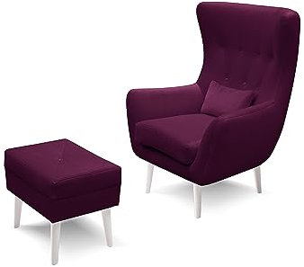 Robin Inspire Sessel 82 x 90 x 112 cm Ohrensessel mit Hocker 82 x 36 x 50 cm für Wohnzimmer Polstersessel Relaxsessel mit Fußhocker Sitzhocker Fernsehsessel Modern Rotwein Füße Weiß