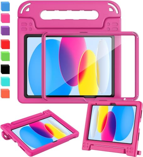 SINSO Case for iPad A16 11th Gen 11/10th Gen 10.9 2025/2022, Rose | Built-in Screen Protector, Shockproof Light Weight Kids ipad Cover, Protable Handle, Sturdy Stand