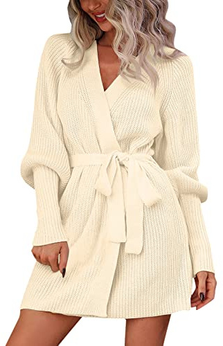 DABAOK Chaqueta corta para mujer, de gran tamaño, cuello en V, suéter de punto suave, frente abierto, cárdigan con cinturón, ropa de maternidad, moda para otoño, C, L