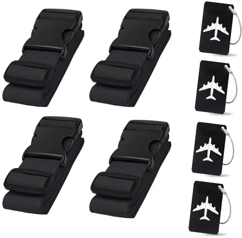 Koffergurt Kofferanhänger Set, 4 Stück gepäckband mit 2 Stück Gepäckanhänger Set, Rot Kofferband Gurt Personalisierte Identifikation für Schnell erkennen Gepäck Reisetasche Koffer (Schwarz)