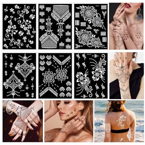 HOWAF 6 Sheets Glitter Tattoo Stencils Kit for Women - Reusable Body Art Temporary Tattoos for Girls - Flower Lace Designs