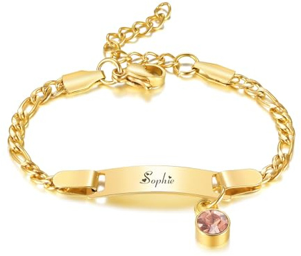 Bracelet Anniversaire Enfant Personnalisé, Bracelet Gourmette Figaro Or Réglable Gravé Prénom Pierre de Naissance, Cadeau de Baptême Anniversaire Enfant Bijoux pour Bébés Filles Garçons (10.Octobre)