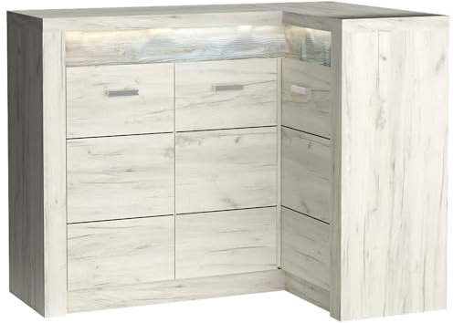 Lomadox Eckkommode Sideboard Eckschrank Kommode Wohnzimmerschrank Anrichte Aufbewahrunsschrank modern in weiß mit LED Beleuchtung