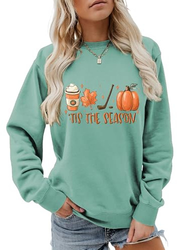 MLZHAN Tis The Season Halloween Women Sweatshirt Ice Pumpkin Baseball Bat Maple Leaves Long Sleeve Shirt Festival Gift Coat (Light Green,M)