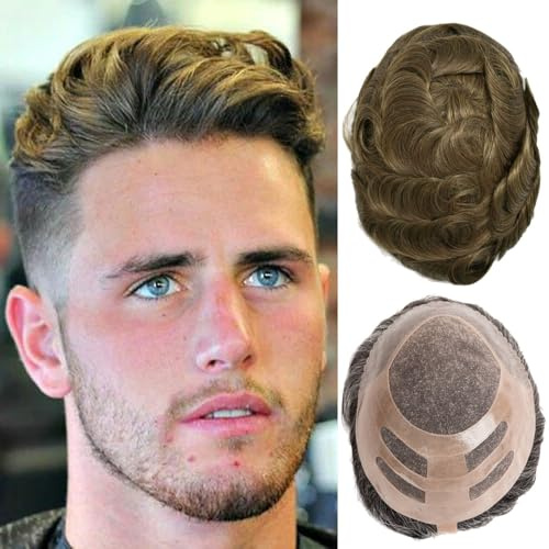 Ehairc Hair System for Men Bond Mono Lace Pu Front and Npu Back Toupee - 100% Human Hair, 130% Medium Density (#7)