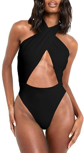 HYPERFIRE Women's Sexy Halter Criss Cross Swimsuit Cut Out One Piece Bathing Suit High Cut Swimwear Black Medium