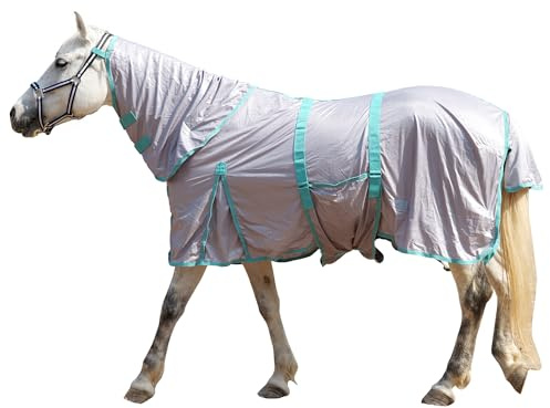 Gallopoff Fliegendecke Pferde mit Halsteil – atmungsaktive Sommerdecke mit UV-Schutz und Scheuerschutz, Verstellbarer Brustverschluss, Bauchgurte, Beinschnüre und Schweiflatz Gray 120 cm
