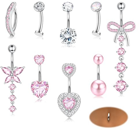 Adramata 10Pcs 14G Bauchnabelpiercing Chirurgenstahl Hypoallergene Piercing Bauchnabel Clicker Lang Belly Piercing Set CZ Bauchnabelpiercing Ring Silber Gold Rosa