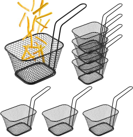 SHYICHENG 8 Stück Frittierkorb Edelstahl Schwarz – Mini Pommeskörbchen, Servierkörbchen für Pommes Frites, Garnelen & Zwiebelringe, mit Langem Griff