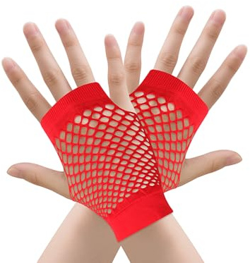 TECDW 2 Paar Fingerlose Netzhandschuhe Damen, Elastische Atmungsaktive Fischnetz-Handschuhe, Netz Armstulpen für Cosplay, Weihnachtskostümpartys und Bühnenoutfits(Kurz, Rot)