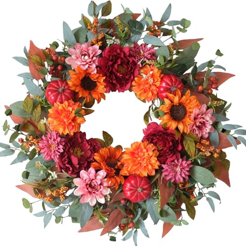 CIR OASES 24-inch Fall Front Door Wreath Orange Red Sunflower Peony Pumpkin Berry Wreath Indoor outdoor fireplace Dining Table Office Decoration Thanksgiving Harvest Festival Party Holiday Decoration