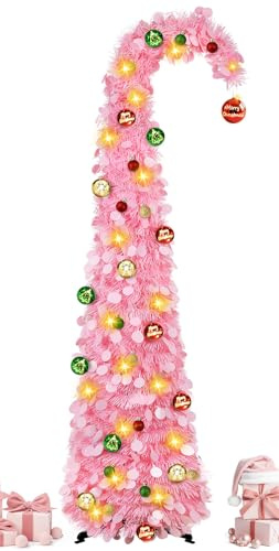 MACTING Weihnachtsbaum 150 cm Rosa mit 15 Kugellichtern & Ornamenten, Faltbarer künstlicher Weihnachtsbaum Pop Up Weihnachtsbaum mit Beleuchtung, Funkelnder Christbaum für Innen & Außen Weihnachtsdeko
