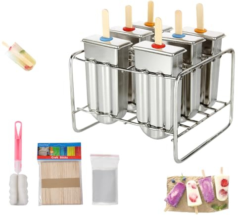 Qukaim Edelstahl Eisformen 304, Anti-Leck Eis am Stiel Formen Set mit Holzstäbchen & Metallbasis, Wiederverwendbare Eismaschinen Formen für Kinder und Familie (6 Formen + 50 Stiele