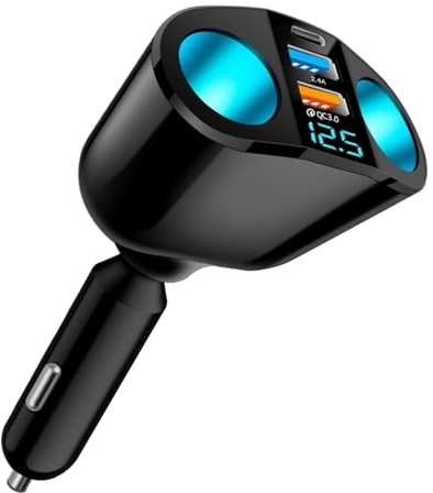 Sdoppiatore Accendisigari Auto 120W 12V/24V con 2 Prese, PD, QC3.0 e USB 2.4A, Rotazione 360°, Voltmetro LED, Ricarica Rapida Auto – Caricatore Accendisigari Auto USB C, Adattatore Auto 12V/24V