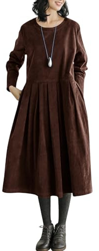 chouyatou Women's Fall Babydoll Corduroy Dress Long Sleeve Pleated Pullover Midi Dresses with Pockets (Small,Brown)