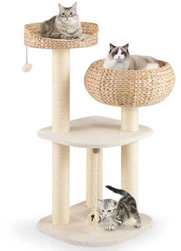 COSTWAY 104cm Kratzbaum, Katzenbaum klein, Katzenkratzbaum mit Sitzstange, Korb, Sisalpfählen, Sisalseil & Ball, Kletterbaum aus Rohrkolbenflaum, Aktivitätsbaum Katzenmöbel Katzen (Beige)