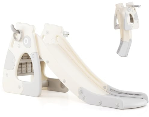 COSTWAY 4 en 1 Toboggan Enfant Pliable en HDPE avec Panier de Basket & Jeu de Lancer d'Anneaux, Aire de Jeux Intérieure en Forme Panda avec Échelle, Charge 70kg pour 3 Ans+ (Panda)