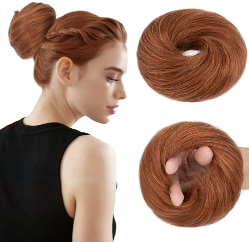 MY-LADY Haarteil Mit Gummiband Dutt Haarteil Haargummi Mit Haaren Glatt 100% Echthaar, Hochsteckfrisuren Haarverlängerung für Damen Mädchen (#33 Honig Orange,30g)