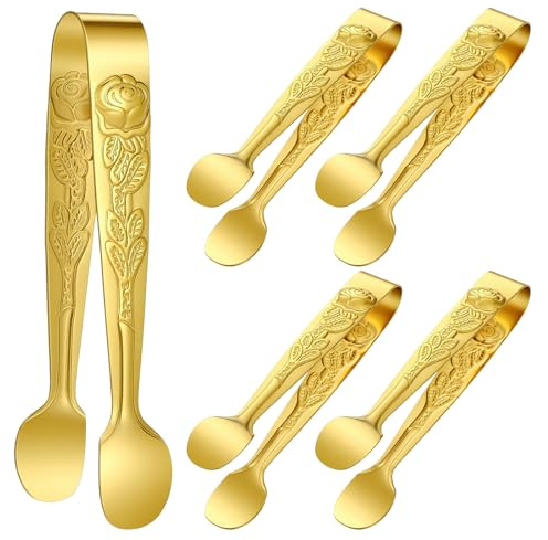 Matwsec 5PCS Gold Tongs for Serving Food 4inch Mini Tongs for Serving Small Ice Tong for Tea Party Coffee Charcuterie Board Appetizers Desserts Christmas