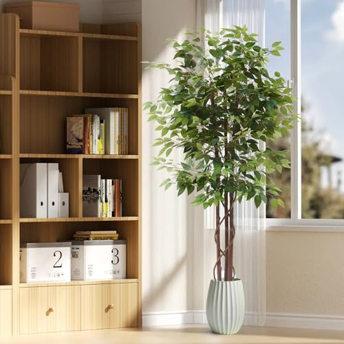 Panana Green Artificial Plants,6ft Ficus Artificial Tree,Fake 180cm Tall Plant Indoor Outdoor with Natural Wood Trunk,Faux Tree for Home Office Indoor Decor (Ficus Tree / 1 Pack)