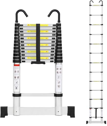 Fiqops Scala telescopica in alluminio, 3,8 m, allungabile con stabilizzatore e gancio rimovibile, scala in alluminio antiscivolo, portata 150 kg