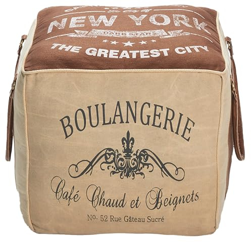 Kobolo Sitzpouf BOULANGERIE| 45x45x42 cm | quadratischer Pouf Hocker in beigem Canvas-Used-Look | bequemer Sitzwürfel & Fußhocker mit Kunstleder| dekoratives Sitzkissen für Wohnzimmer & Schlafzimmer